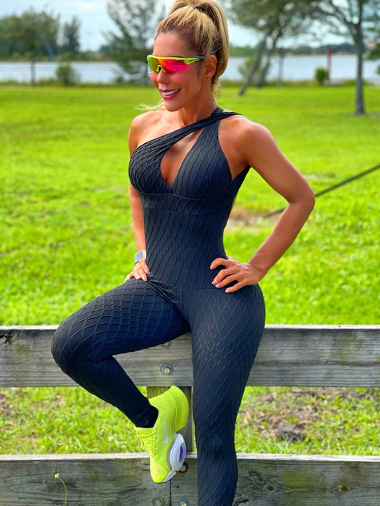 

Oshoplive Female Sexy Backless V-Neck Solid Color Sports Jumpsuits 2023 New Summer High Street Club One Piece Outfit For Women