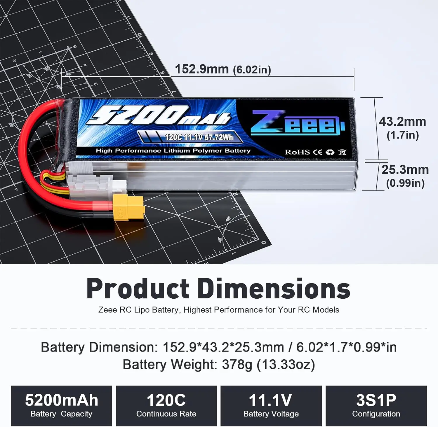 Batterie LiPo 3S 5200mAh XT60 avec câbles et connecteur, prête à l'emploi pour modèles RC.