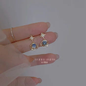 Exquisite Blue Cat's Eye Stone Moon Star Planet Earrings Creative Univers Star River Earrings Sweet Bowknot Stud Earring Gifts
