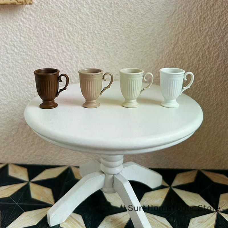 1Pcs Dollhouse French Retro Mini High Foot Relief Mark Coffee Cup With Handle Miniature Scene Decoration High End Stemmed Mugs