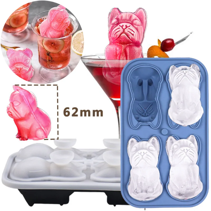 4 Cavity Puppy Dog Ice Cube Silicone Mold DIY Bulldog Chocolate Candy Jelly Mould Cake Baking Making Tool Ice Tray Home Decor