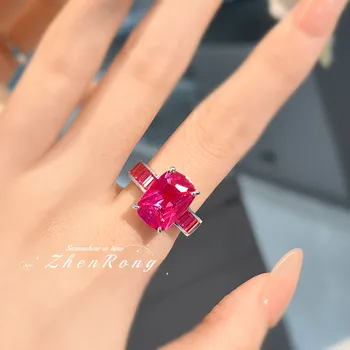 Anello in argento sterling S925 con corindone rosso rettangolare sfumato e cristallo blu a punta, dal design raffinato, per uso quotidiano