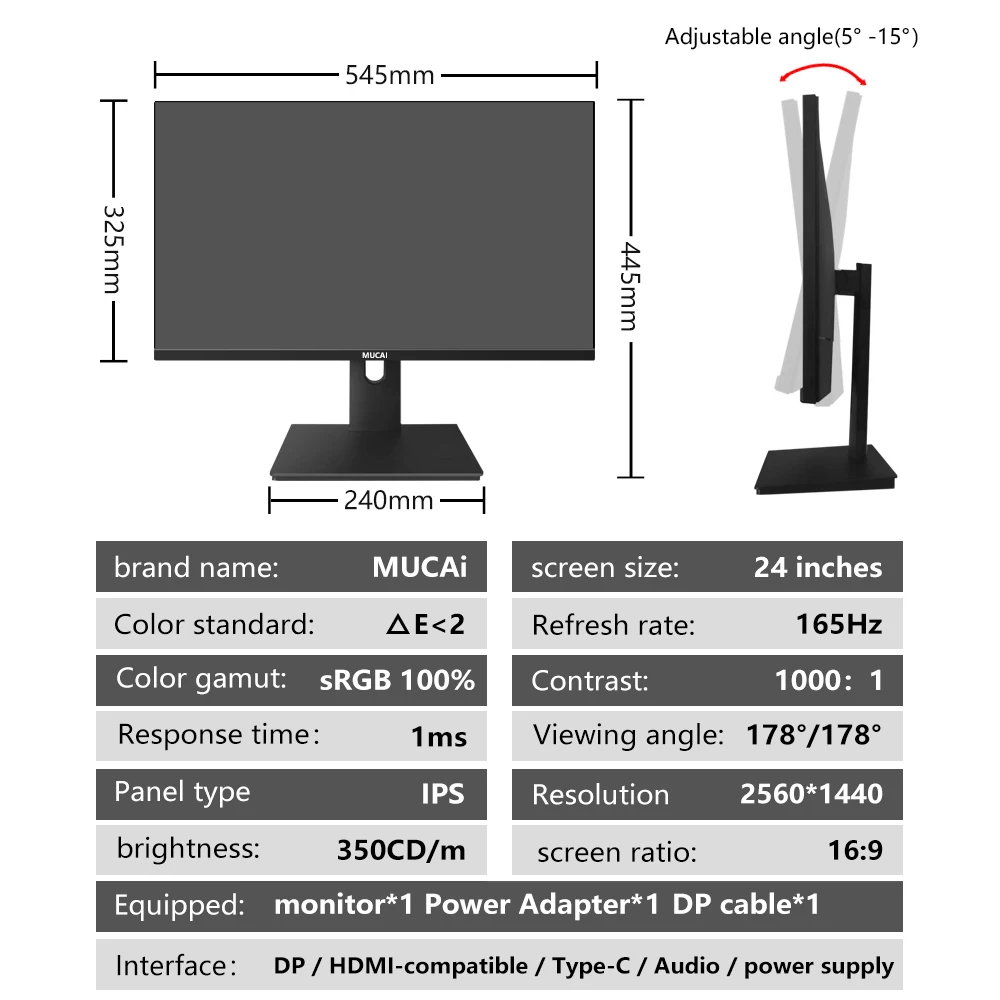 MUCAI 24 ġ , 2K 165Hz LCD ÷, 144Hz PC IPS QHD ũž ̸ ǻ ȭ,  HDMI ȣȯ, DP, 2560*1440