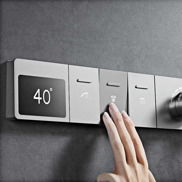 หรูหราปืนทองเหลืองสีเทาเพดานฝักบัวอาบน้ําอุณหภูมิคงที่ระบบจอแสดงผลดิจิตอล LED น้ําร้อนและเย็นฝังก๊อกน้ําห้องน้ํา 4