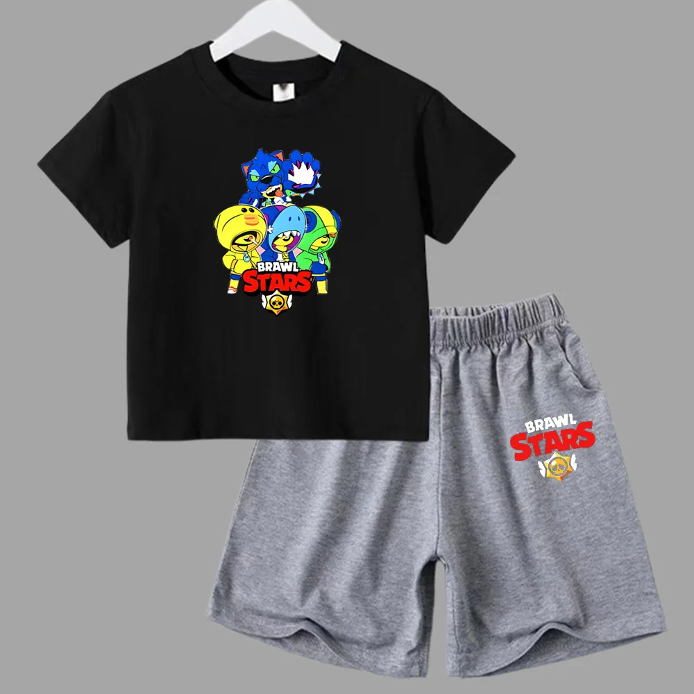 thumbnail image 1 of Conjunto de 2 piezas de camiseta de manga corta y pantalones cortos con estampado de anime de verano para niños y niñas, ropa informal de cuello redondo, 1 of 5