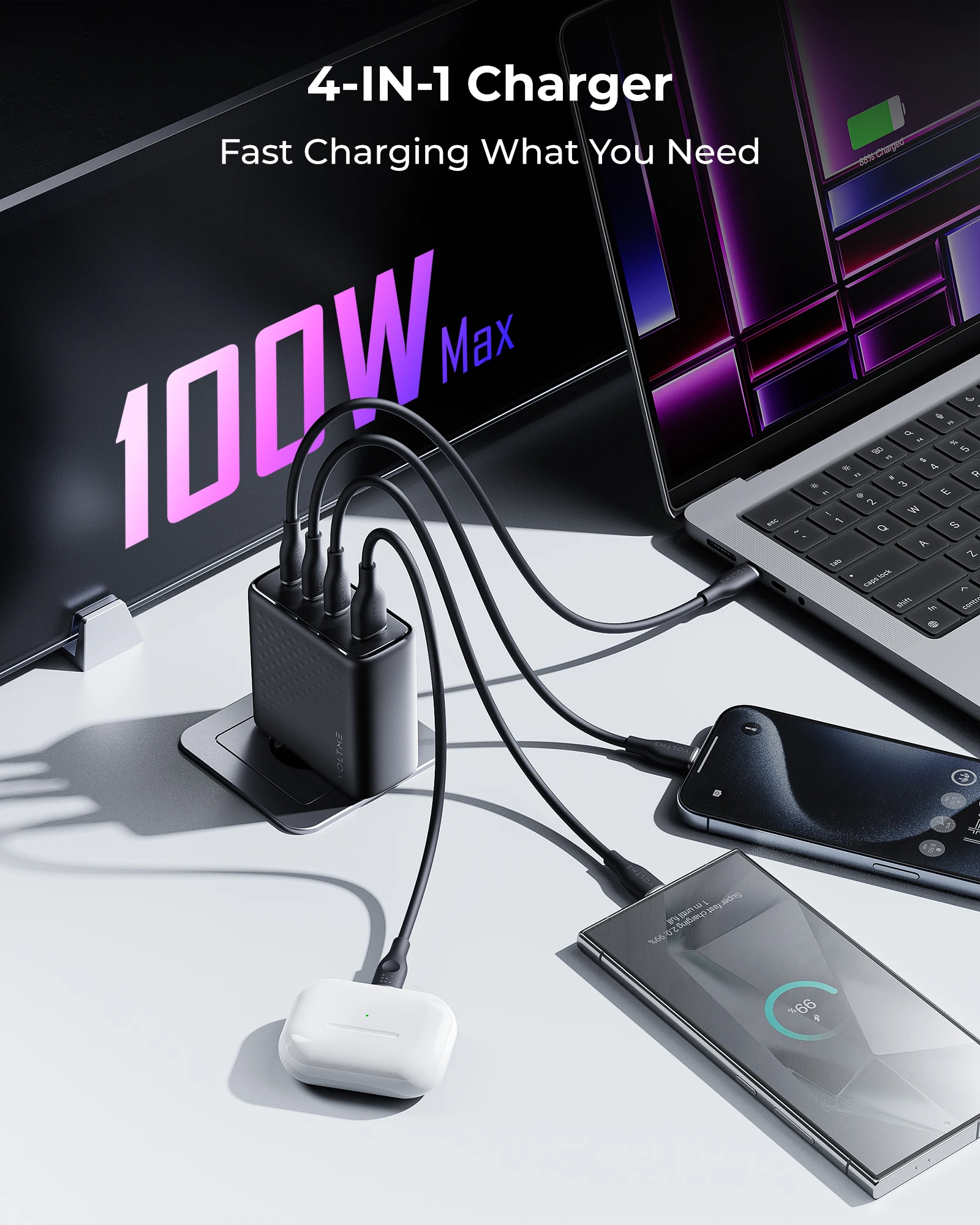 VOLTME 100W Pro GaN USB Charger PD QC Fast Charging Power Adapter tablet Fast Charging for MacBook iPad iPhone 15 Galaxy S23