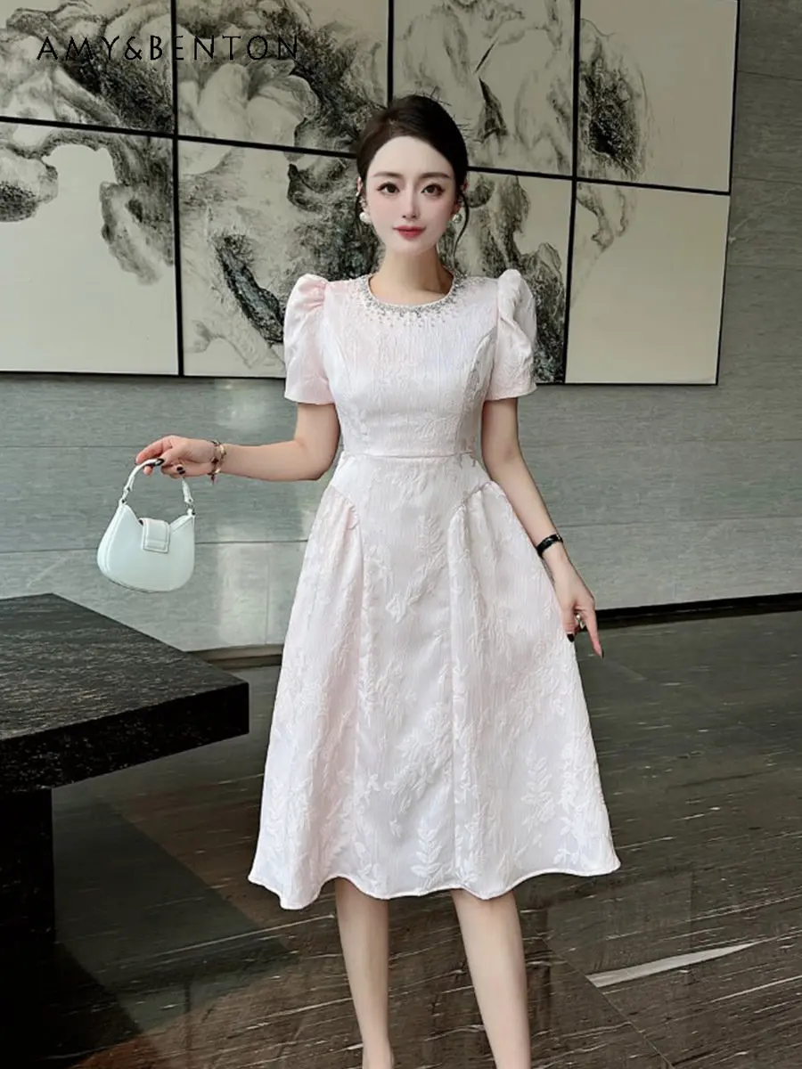 

High-End Women's Jacquard Beaded round Neck Puff Short Sleeve Dress 2023 Summer New Temperament Waist-Controlled Dress