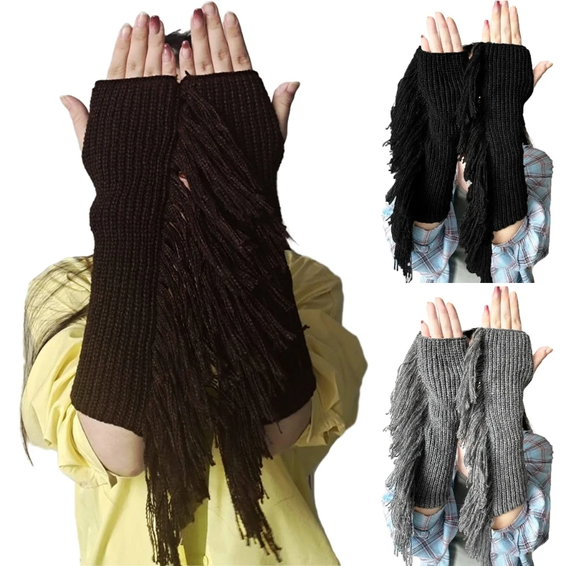 

Girls Elbow Length Crochet Gloves Half Finger Keep Warm Mittens with Tassels Decor Mittens for Women Winter Supplies NEW