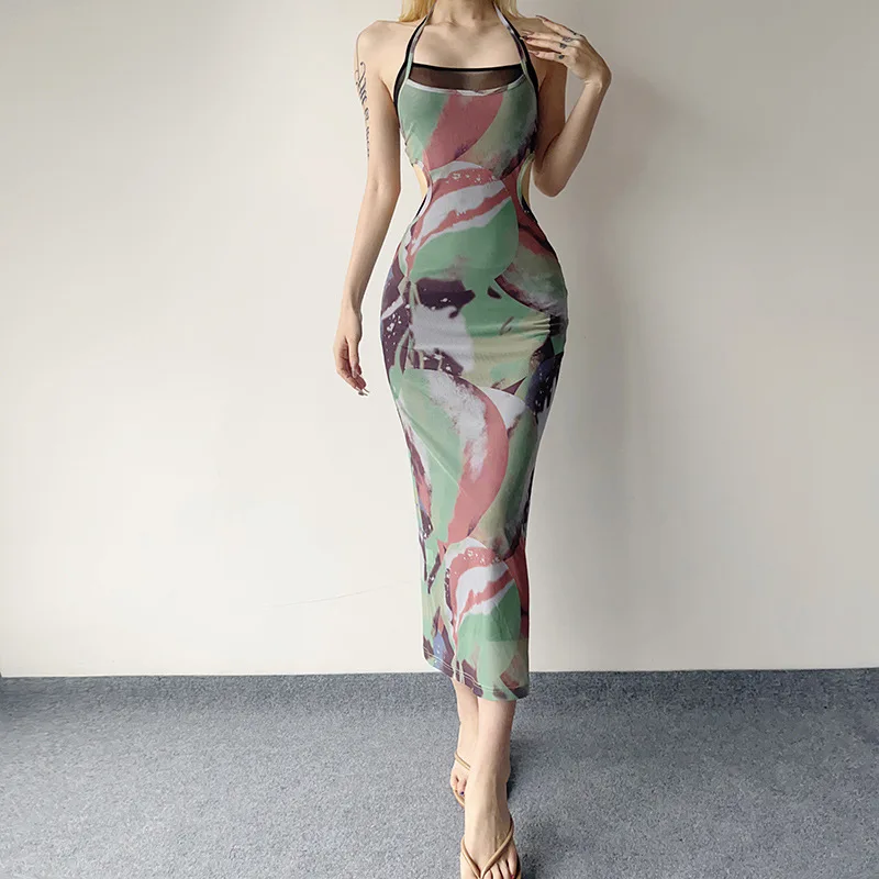 

2023 Summer New Women's Slim Fit Fashion Hanging Neck Strap Sexy Backless Camo Dress Women's Wear