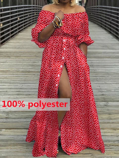 Women's Dress 2022 Celmia Summer High Split White Long Sundress Sexy High Waist Maxi Robes Three Quarter Sleeves Party Vestidos (Style B)Red