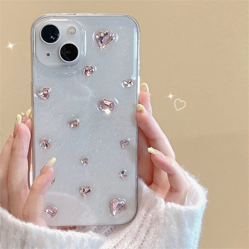 Korea Glitter Pink Diamond Heart Epoxy Phone Case For iPhone 15 14