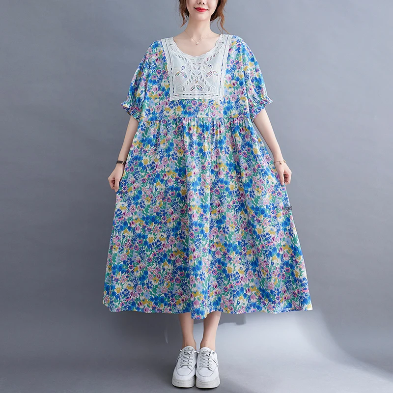 

2022 New Arrival Korea Style Patchwork Lace Print Floral Loose Cozy Summer Dress Women Casual Midi Dress Work Dress