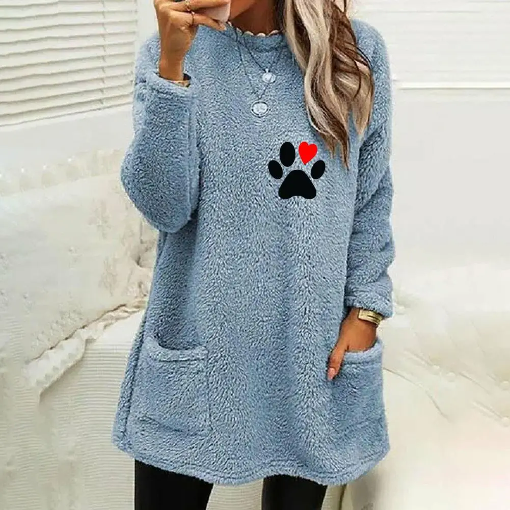 

Women Sweatshirt Cartoon Paw Pattern Plush Sweatshirt with Pockets for Women Cozy Mid-length Pullover for Winter Fall Thickened
