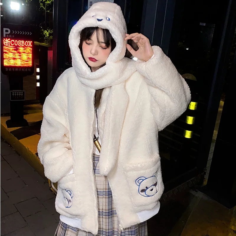 Japanese Cute Bear Lamb Wool Coat Female Winter Plus Velvet Loose Student Wild Plush Ear Hooded Long-sleeved Cardigan Clothes