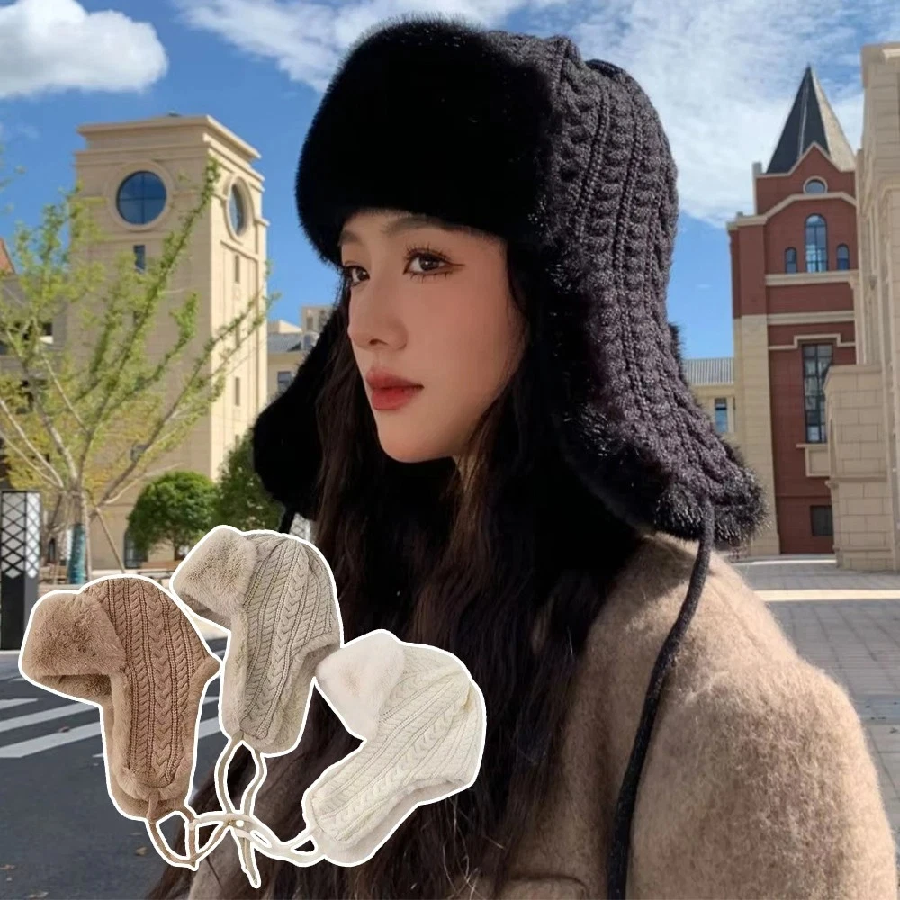 Winter Warm Knitted Hats Women Men Solid Color Thick Ear Protection Hat Outdoor Coldproof Windproof Skiing Cycling Pullover Cap