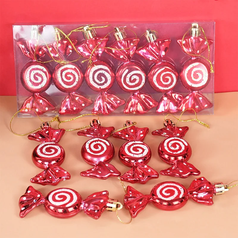 

6pcs/box Christmas Candy Pendant Props Happy New Year Party Blue White Painted Candy Xmas Tree Ornament Kid Gift Home Decoration