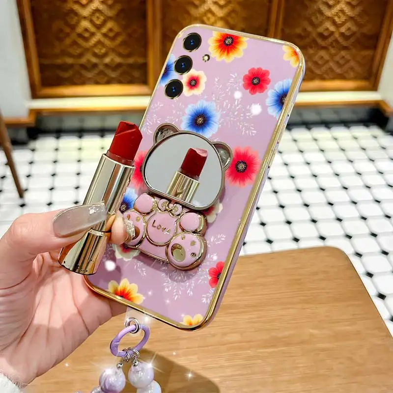 Vibrant Floral Phone Accessory Set: Case, Lanyard & Rabbit Stand