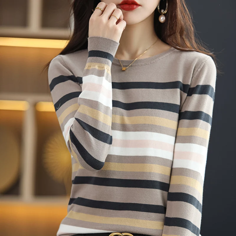 

Cotton Striped Knitwear Women's Round Neck Pullover Sweater Casual Fashion 100% Cotton Sweater Long Sleeve Spring Autumn