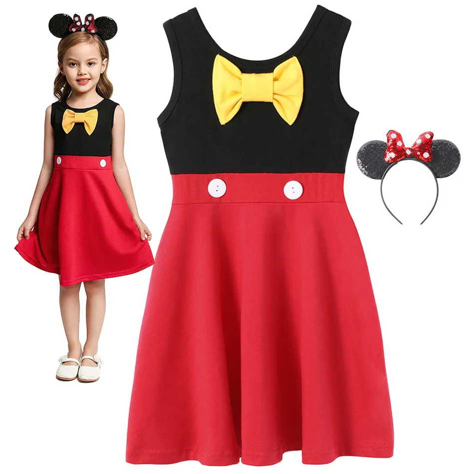 

Little Girl Mickey A-Line Dress Bowknot Dresses for Baby Girls Summer Casual Dress Party Princess Skirt Clothes 2-7 Years