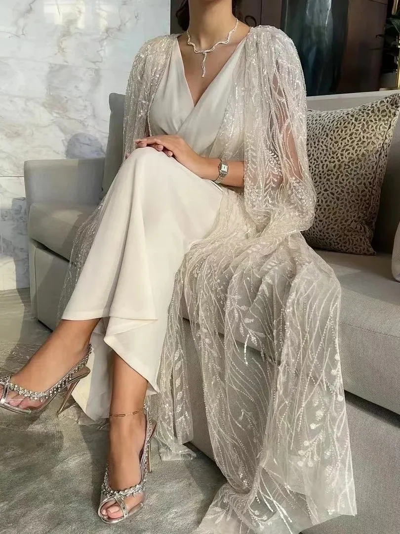 Dubai Women Wear V Neck Ruched Prom Dresses Long Wraps Overskirts Saudi Arabia Evening Party Bride Gowns Zipper Back Vestidos