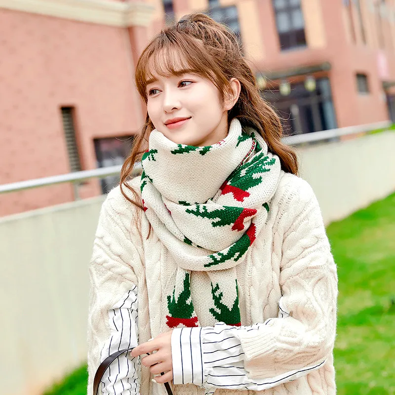 

Christmas Series Autumn And Winter Knitted Elk Christmas Tree Elk Antler Print Scarf For Men Women Double-Sided Thickened Scarfs