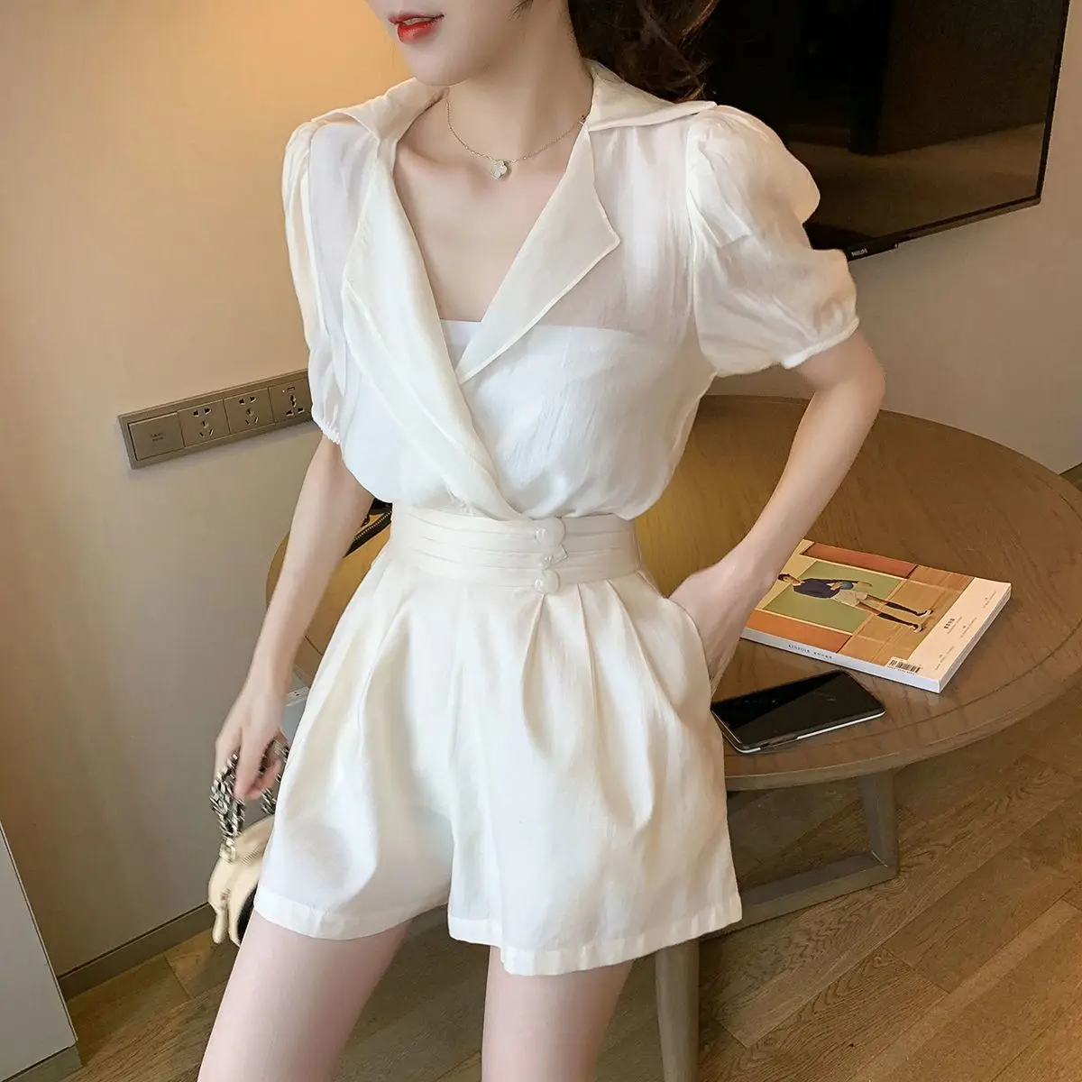 Sets Women Chiffon Solid Thin Tender Turn Down Collar Tops Button Soft Cozy Summer Feminine Lovely Girls Shorts Two Piece Kpop