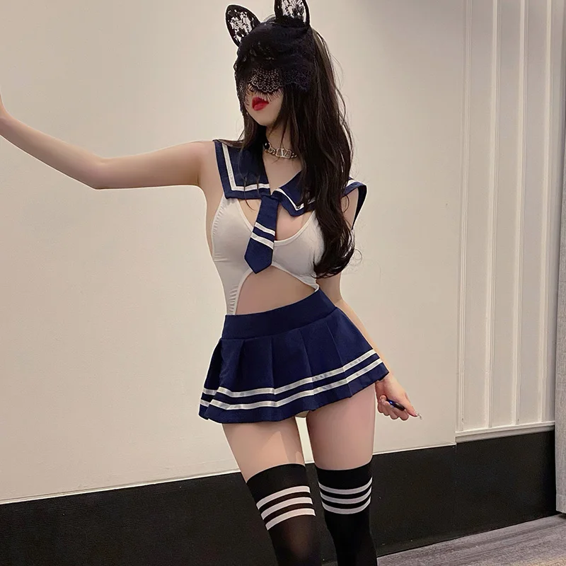 Women Cosplay Costume College Uniform Crotch Open Bodysuit Mini Skirt Sexy Lingerie School Girl JK Lolita