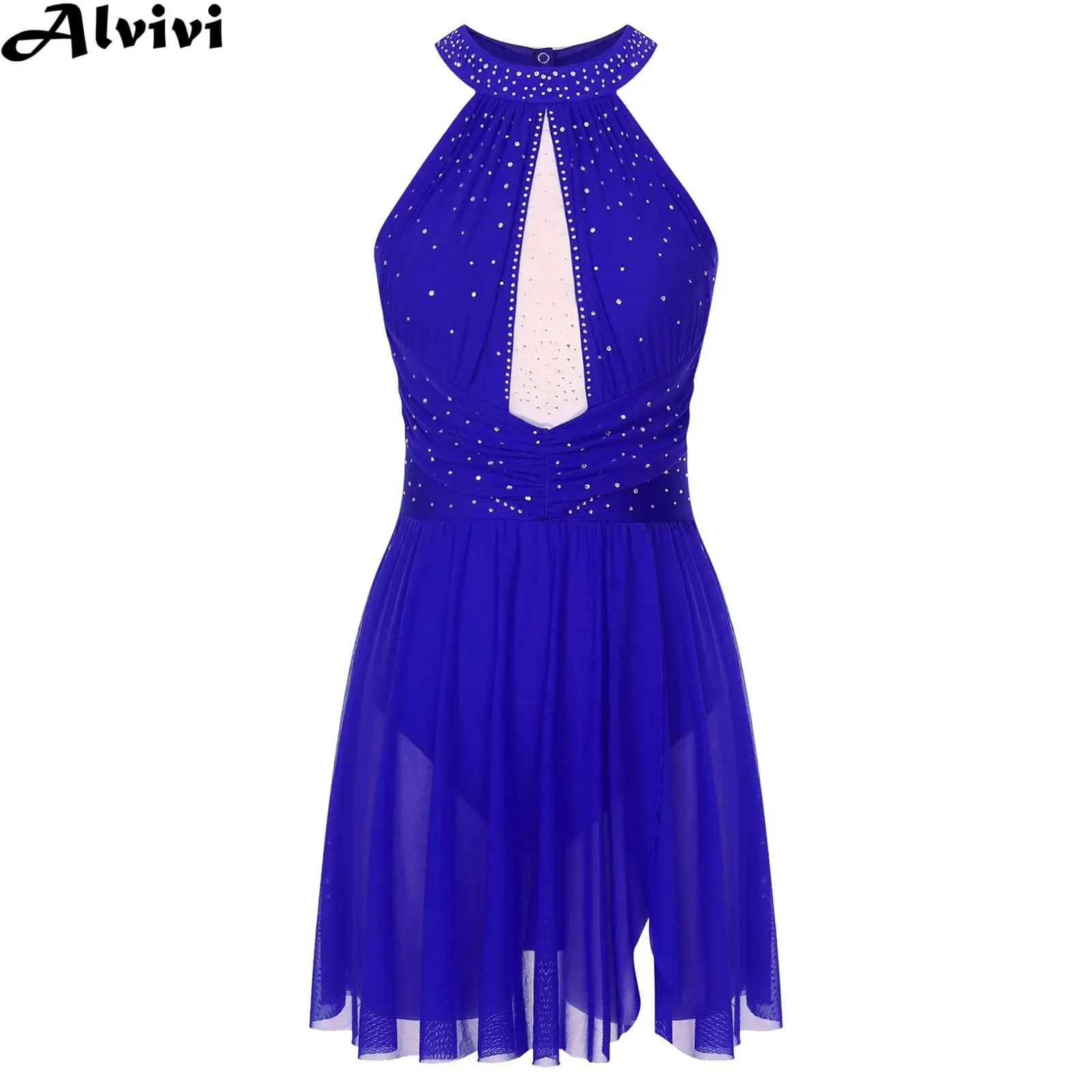 Women Modern Lyrical Dance Leotard Dress Figure Skating Ballet Gymnastics Dancewear Sleeveless Rhinestones Ruched Mesh Dresses