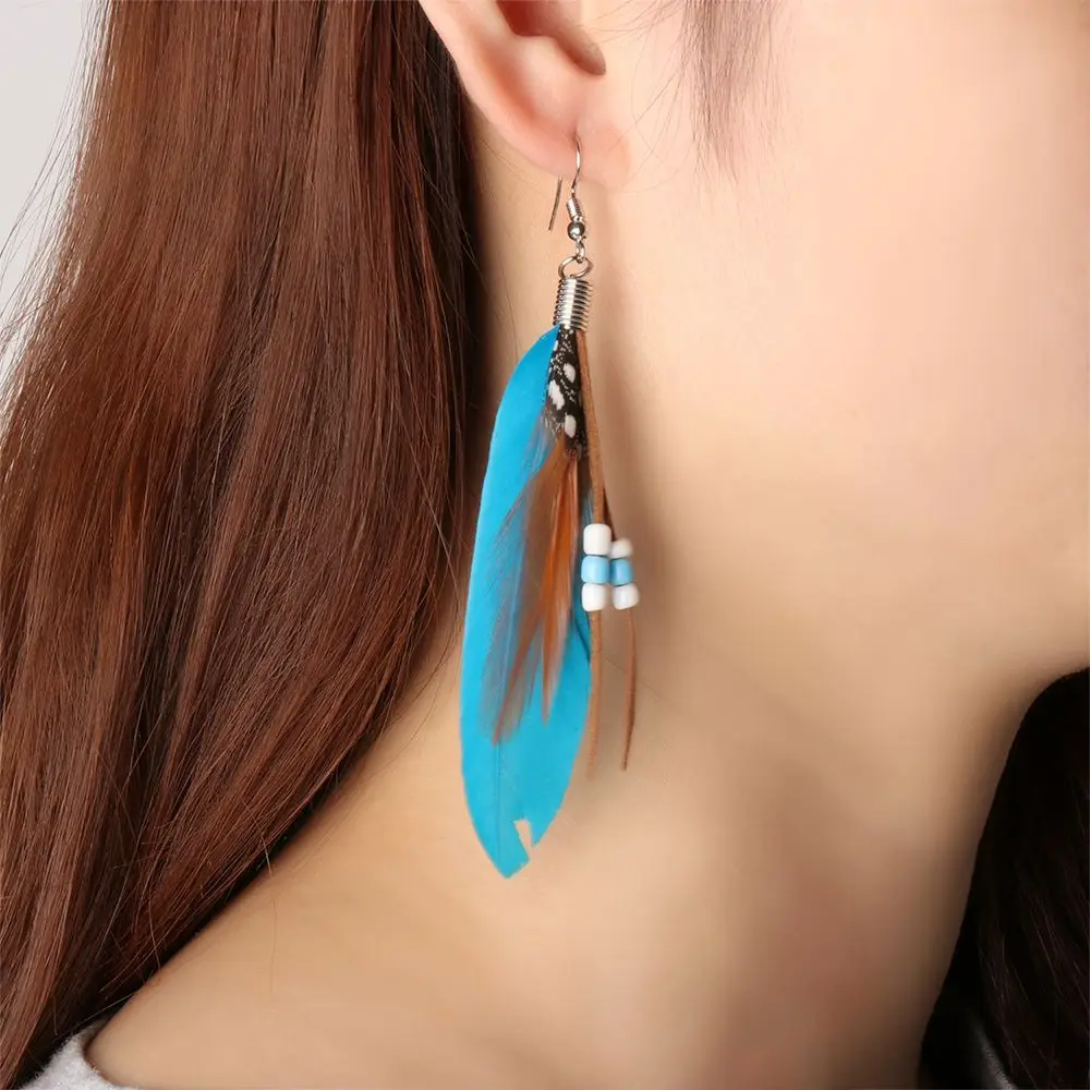 1Pair Vintage Ethnic Rainbow Beads Feather Dangle Drop Earrings for Women drop earrings dangle earrings long earrings