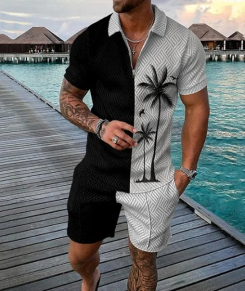 Fashion Summer Men's Tracksuit Short Sleeve Polo Shirt Set Coconut Tree 3D Print Clothing 2 Pieces Casual Suit Streetwear Outfit 3