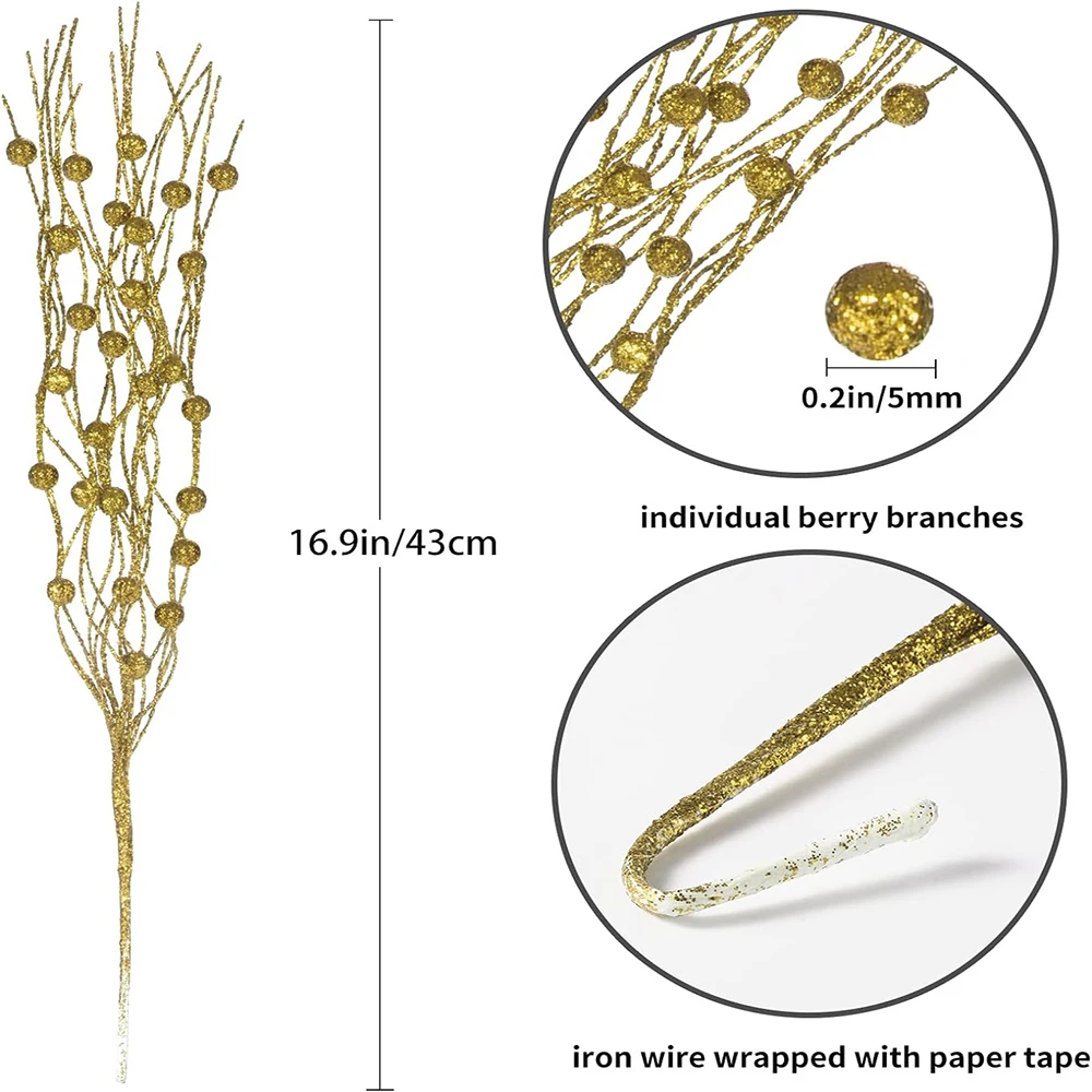 Christmas Tree Gold Powder Berry Branches Luxury Decoration Shiny Branches Pick Christmas Tree Small Vase Holiday Wedding Party