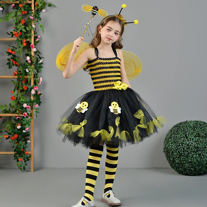 Disfraz De Abeja Para Niñas TYXHXTF - 7 Piezas Incluyendo Vestido, Diadema, Gafas, Mangas Y Calcetines, Ideal Para Halloween, Carnaval O Fiestas Temáticas