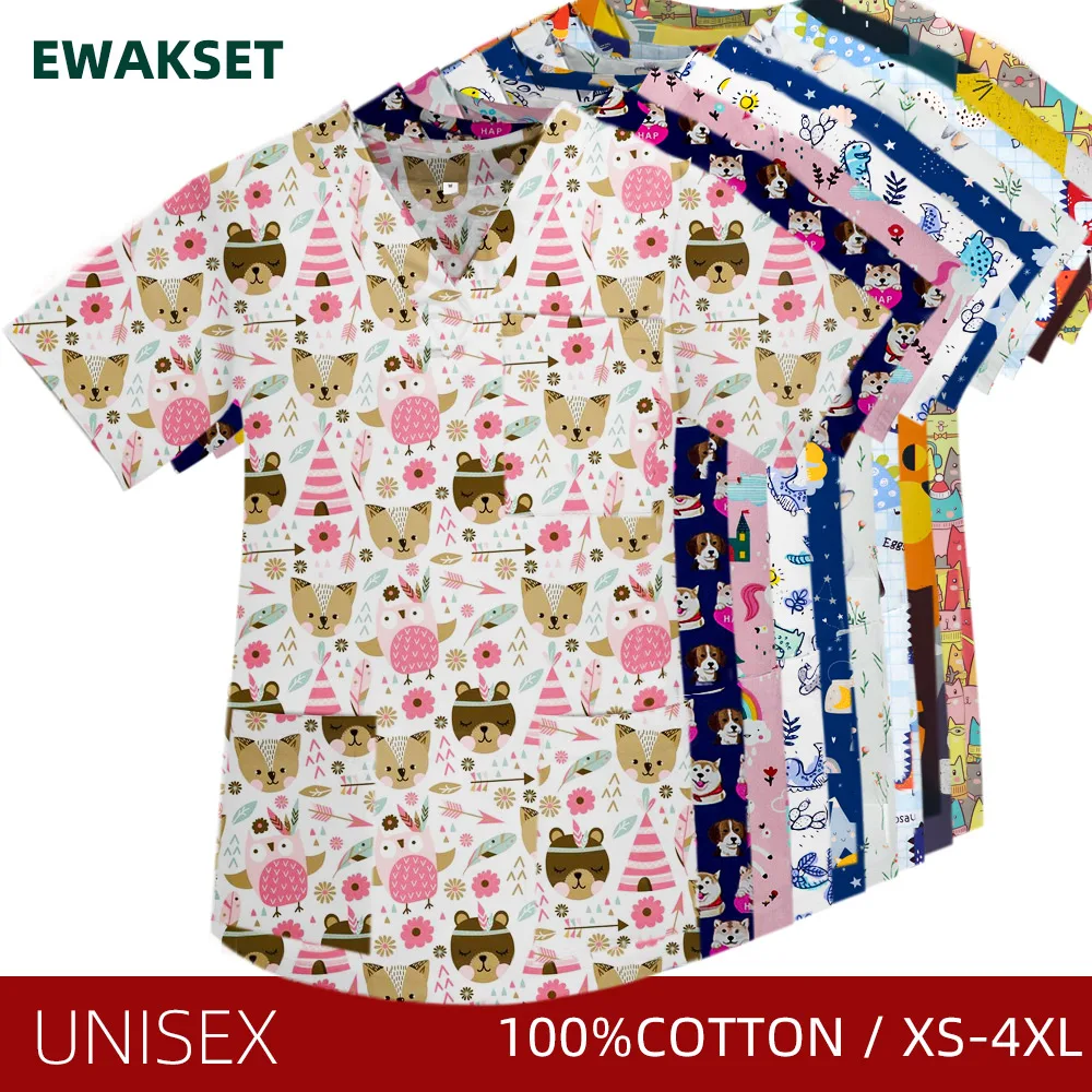 Unisex Scrub Tops Printed Short Sleeve V-Neck Cotton Uniform Nurse Doctor Medical Top Vet Clinic Blouse Dentist Working Unifroms medical scrubs