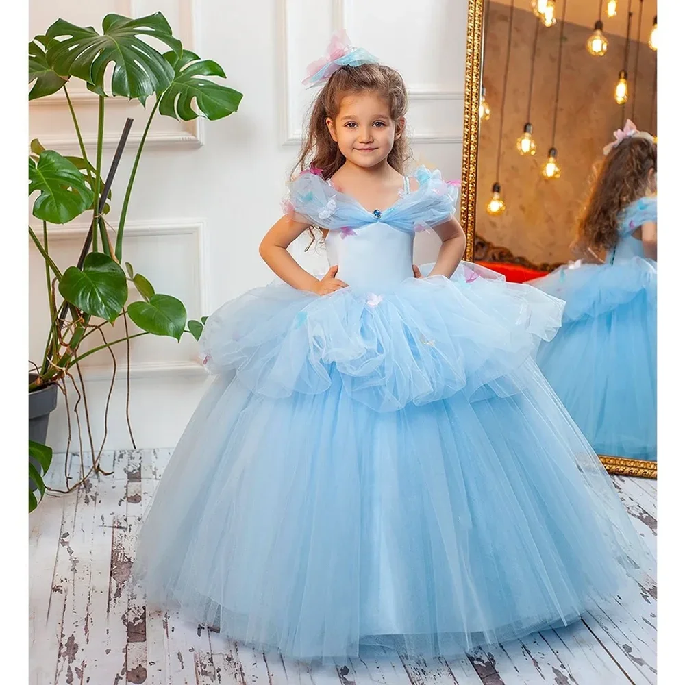 

Applique Flower Girl Dress For Wedding Sky Blue Tulle Puffy Floor Length Kids Birthday Party First Communion Pageant Ball Gown