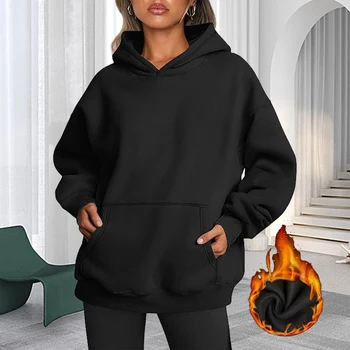 Plus Size Solid Color Kangaroo Pocket Casual Long Sleeve Hoodie, Women's Sweatshirt For Fall & Winter
