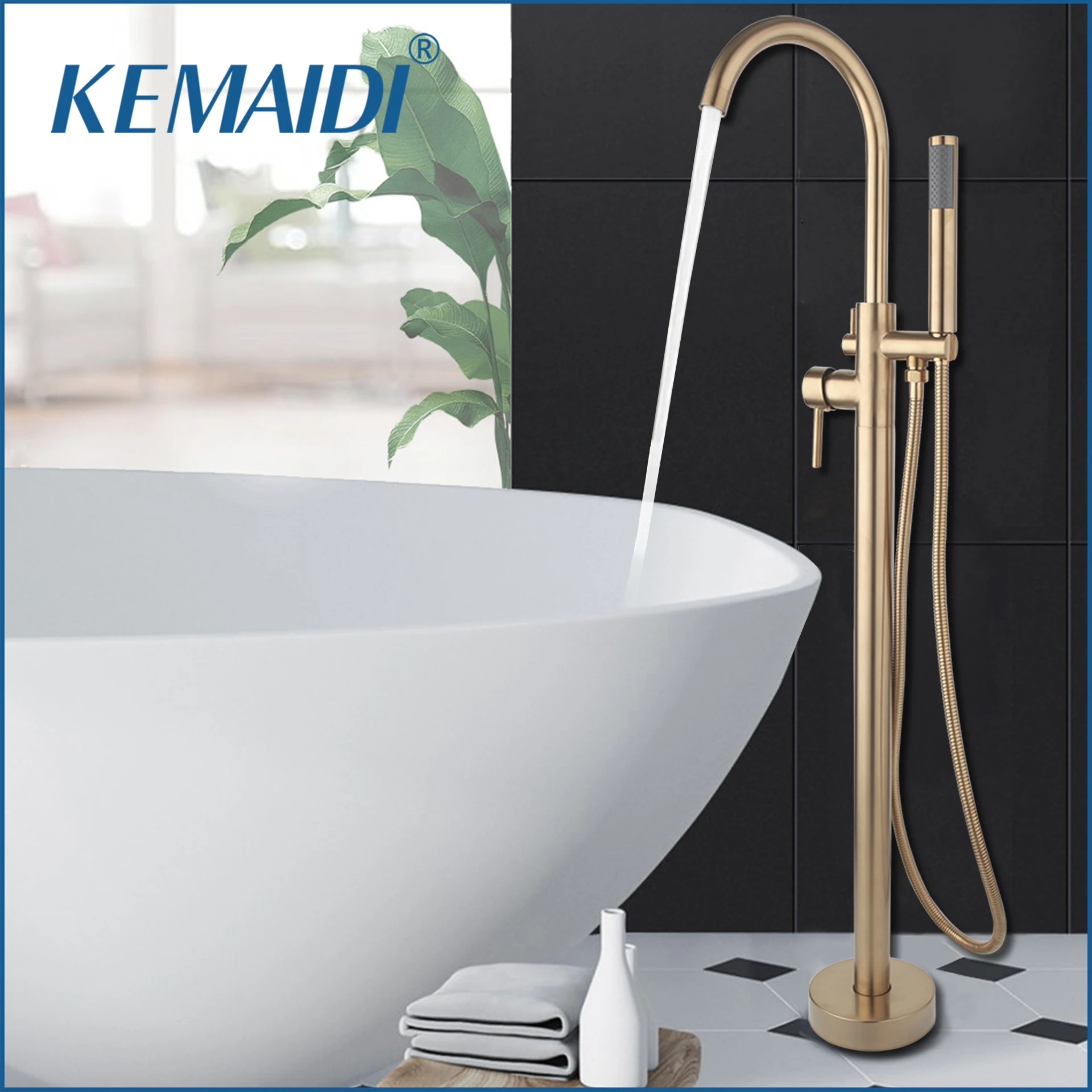 

KEMAIDI Floor Stand Bathtub Faucet Mixer Brushed Gold Mixer Tap 360 Rotation Spout With Handshower Bath Mixer Shower Faucet Set