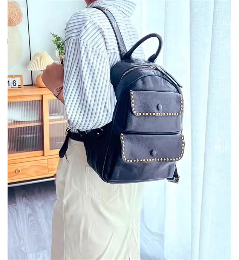Pndme Outdoor Travel Designer hand gefertigte Echt leder Frauen Rucksack lässig Luxus natürliche echte Rindsleder weibliche Niet Schult asche – Detail 27