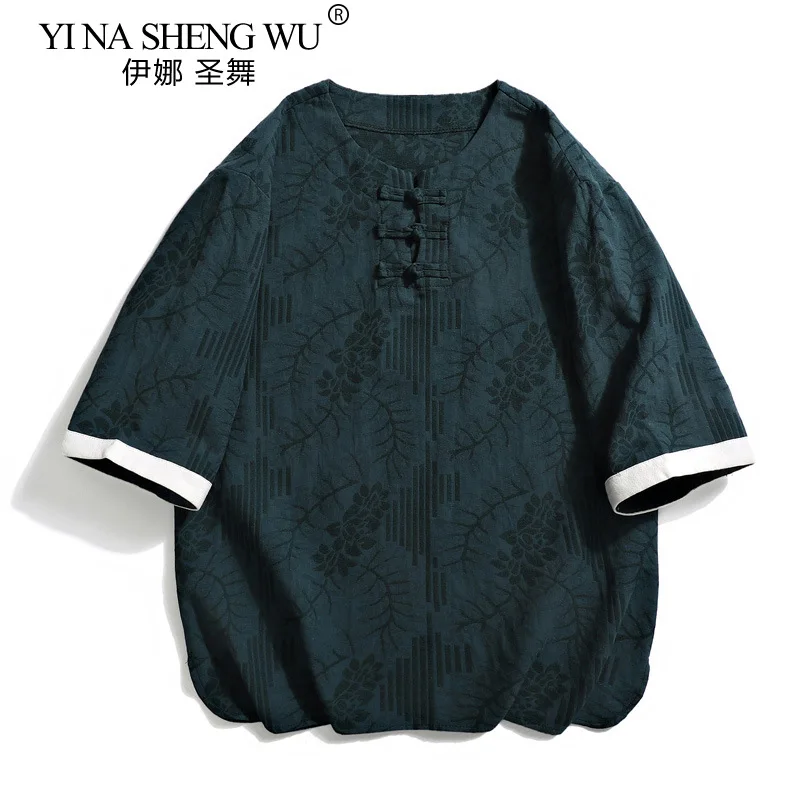 Kimono Japanese Style Men's Short Half-sleeved Shirt T-shirt Japanese Yukata Feather Knitted Cardigan Clothing Cotton and Linen