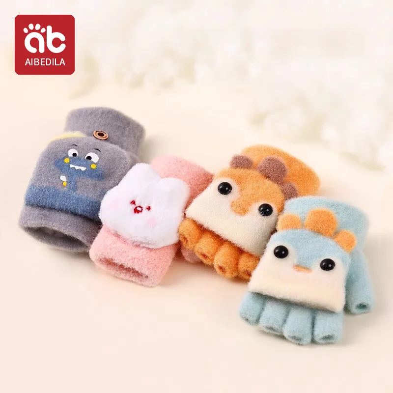AIBEDILA Children Five Finger Gloves Winter Boy Thickened Half Finger Mittens Girl Kids Knitted Mitten Cartoon Warm Flip Gloves