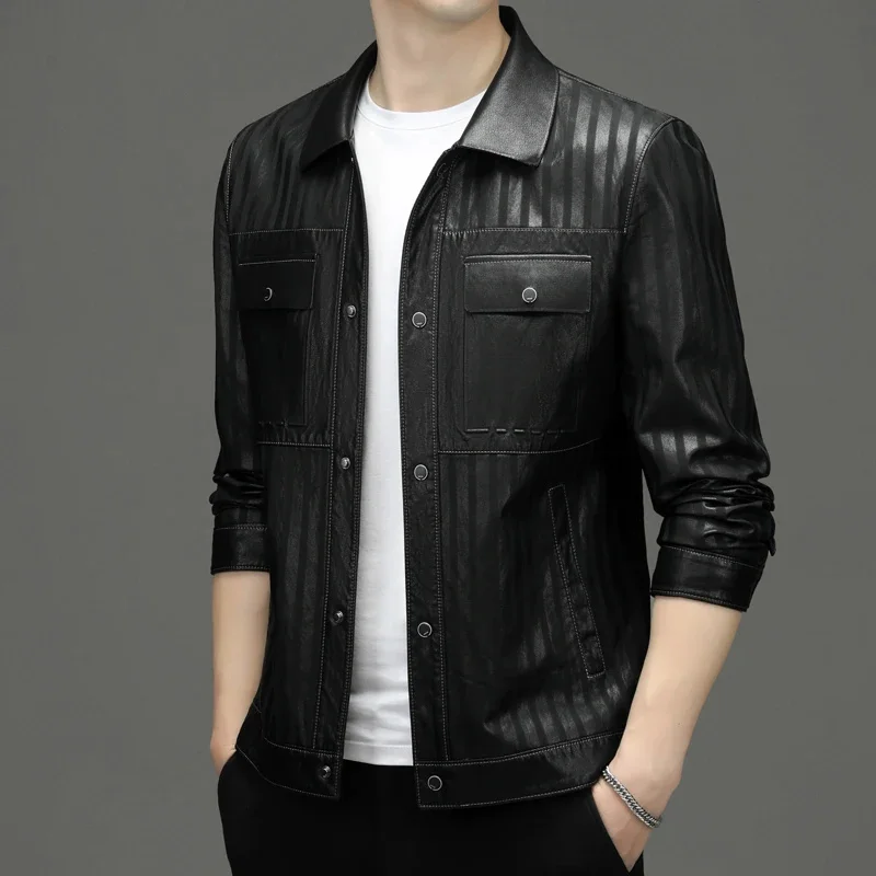 thumbnail image 1 of Abrigo de cuero a rayas bronceado de alta calidad para otoño e invierno, chaqueta informal ajustada con cuello tipo polo a la moda y cómoda para hombre, 1 of 4
