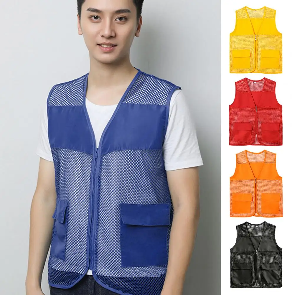 thumbnail image 2 of Chaleco de verano para hombre y mujer, chaqueta de malla sin mangas con cuello en V de Color sólido, chaleco transparente con bolsillo para acampar, ropa de trabajo voluntario, 2 of 5