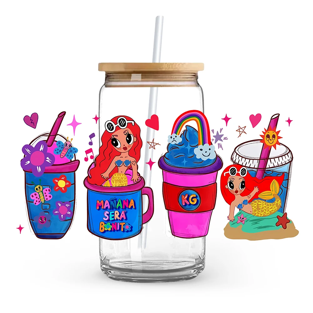 Glass Cup Film KAROL G Cartoon Mermaid Princess Graffiti 16oz DTF Printing Supplies Printable Self-adhesive Waterproof