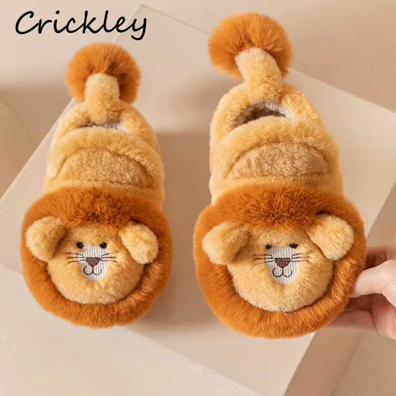 Cartoon Lion Children's Winter Shoes Cute 3D Animals Floor Slippers For Kids Flats Warm Plush Design Child Girls Boys Slippers summe girl sr sandals big bowtie pu leather 21 30 sweet children sliders lovely stylish three colors flexiable cute kids flats