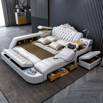 MANBAS Ultimate Bed Frame Tech Smart letto multifunzionale con vera pelle, massaggio, USB, altoparlante Bluetooth, Tatami e Safe 1