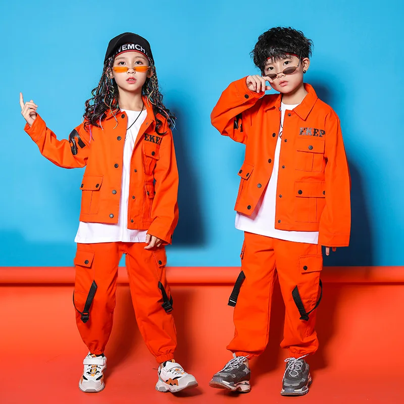 

Big Boys Streetwear Clothing Set Orange Turn-down Collar Jackets + Loose Trousers Two Piece Tracksuit for Kids Girls Cargo Pant
