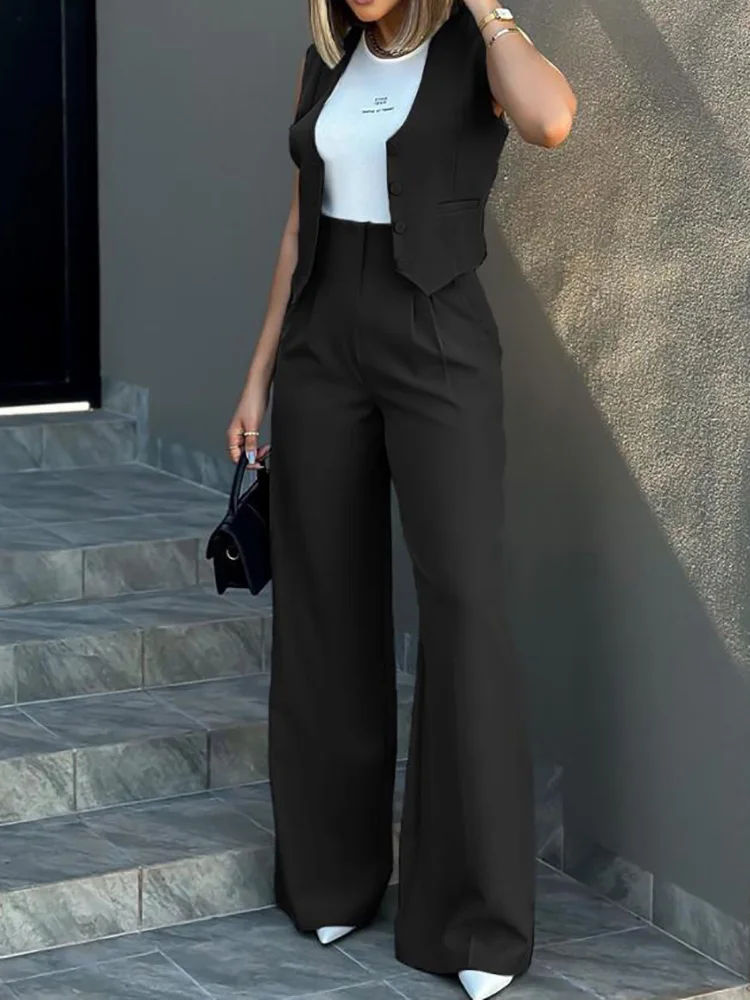 여성용 단색 민소매 조끼 및 와이드 레그 팬츠, 우아한 정장, 용수철 여름 버튼, 캐주얼 포켓, 여성 사무실, 2 개 세트, 2024