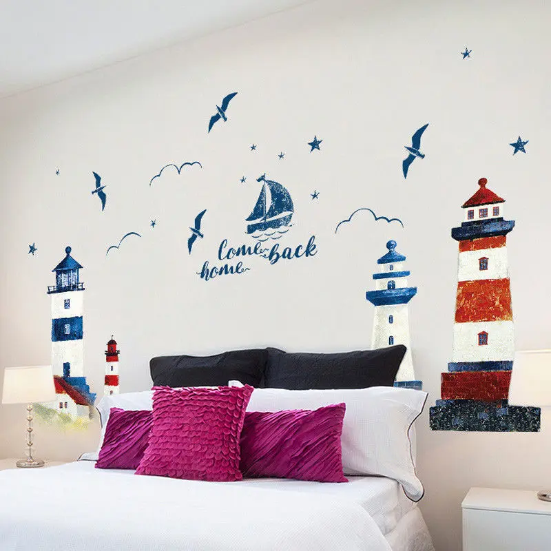 

Child Room Blue Living Sailboat Decals Seagull Sailing Home Decor Scenery Decoration Removable Lighthouse Wall