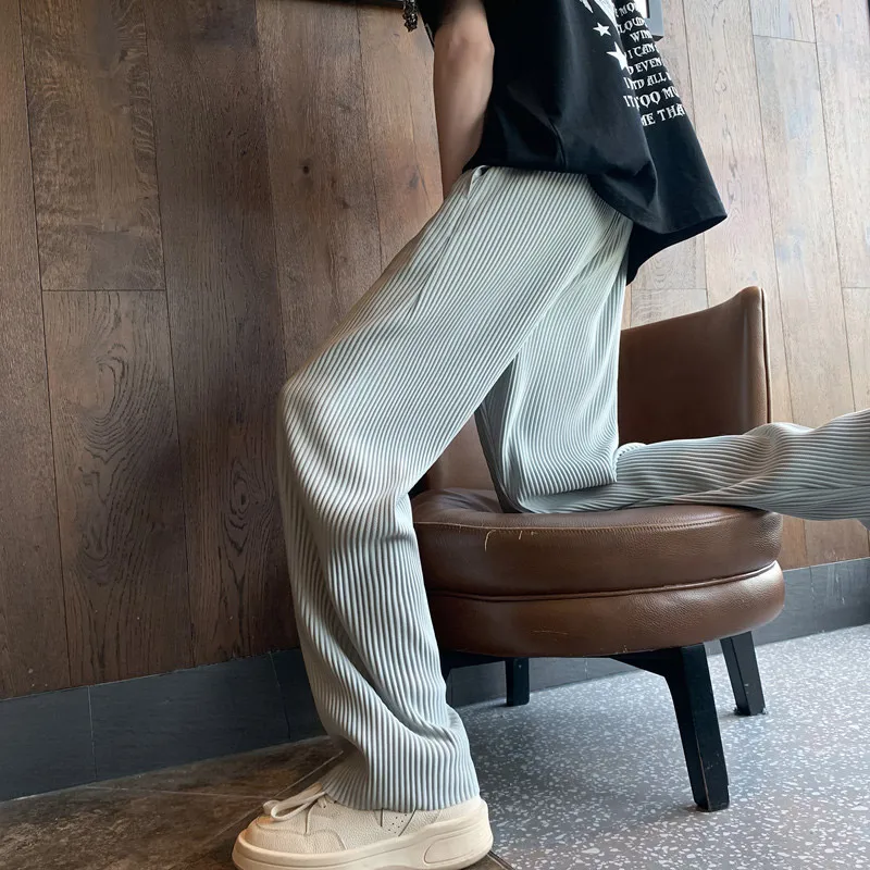 Men Summer Casual Pants Black Gray Ice Silk Pants Japanese Streetwear Hip-hop Loose Straight Trousers Mens Pleated casual pants