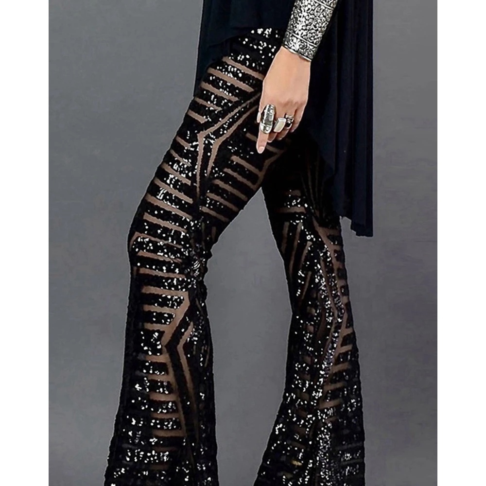 2024 Summer Women Vintage Striped Sequin Glitter Nightclub Skinny Flared Pants Female Long Pants Streetwear y2k Ball Trousers