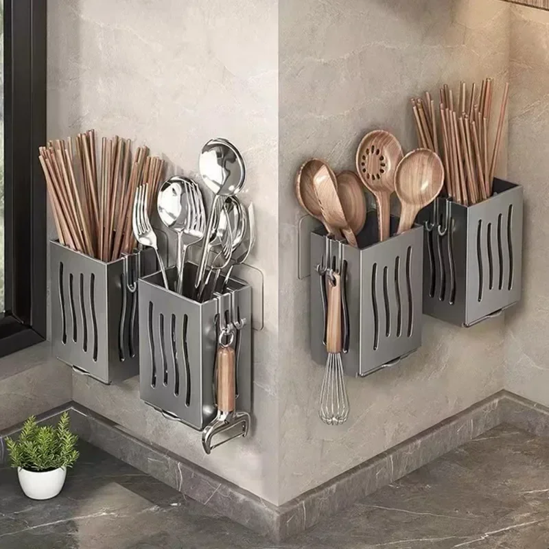 Multifunctional Kitchen Utensil Storage Rack Chopstick Draining Holder Wall-Mounted Freestanding Cutlery Tableware Organizer Box 3